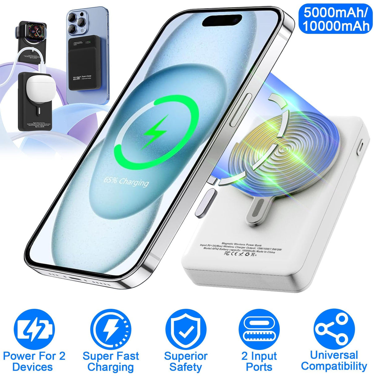 10000mAh Magsafe 3 In 1 Portable Charger PD22.5W Magnetic Fast Charger Fast Charging Power Bank Fit For IOS Phone 15/14 Samsung Galaxy S24 And More by DirectDeals