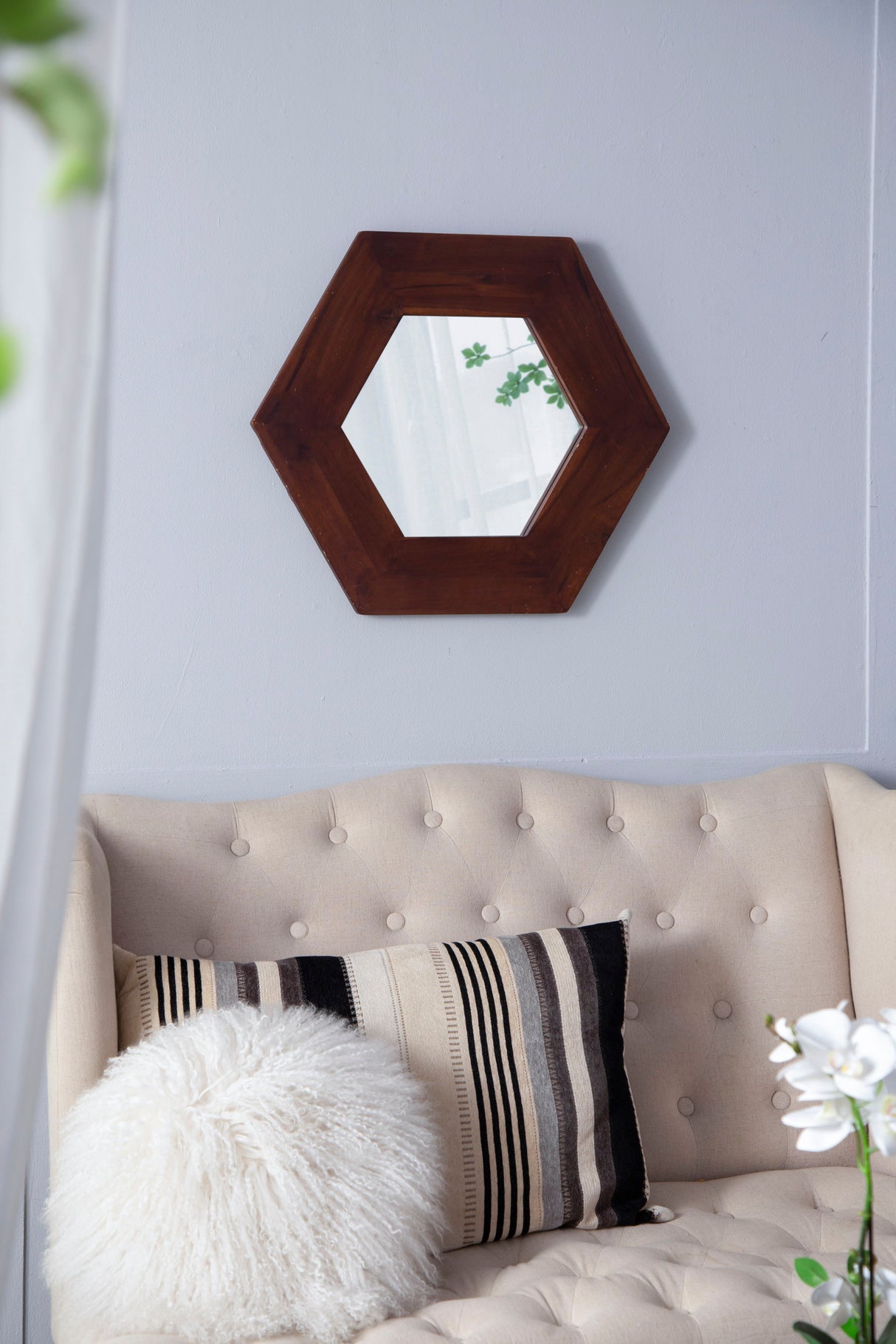 Hexagon Mirror With Natural Wood Frame, Wall Decor For Living Room Bathroom Hallway by Couch.com