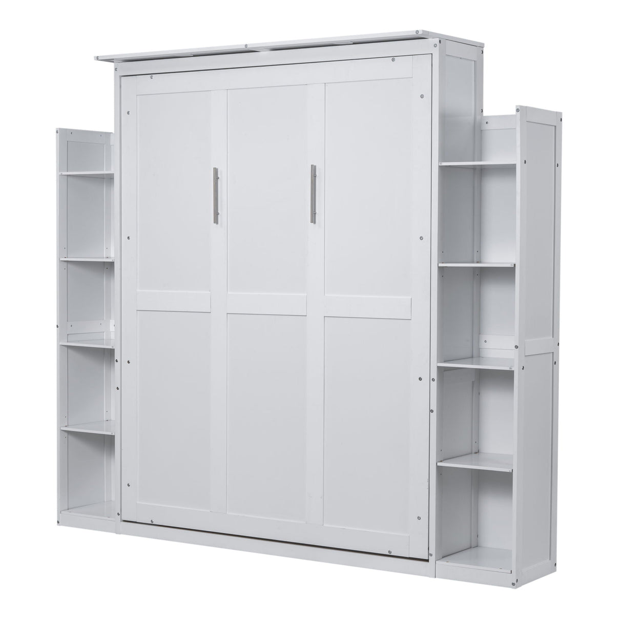 The Wall Murphy Bed With Shelves And LED Lights features a white design with closed vertical panels and sleek handles, complemented by side shelves with multiple open compartments for storage. Its modern and space-saving style integrates seamlessly into any room.