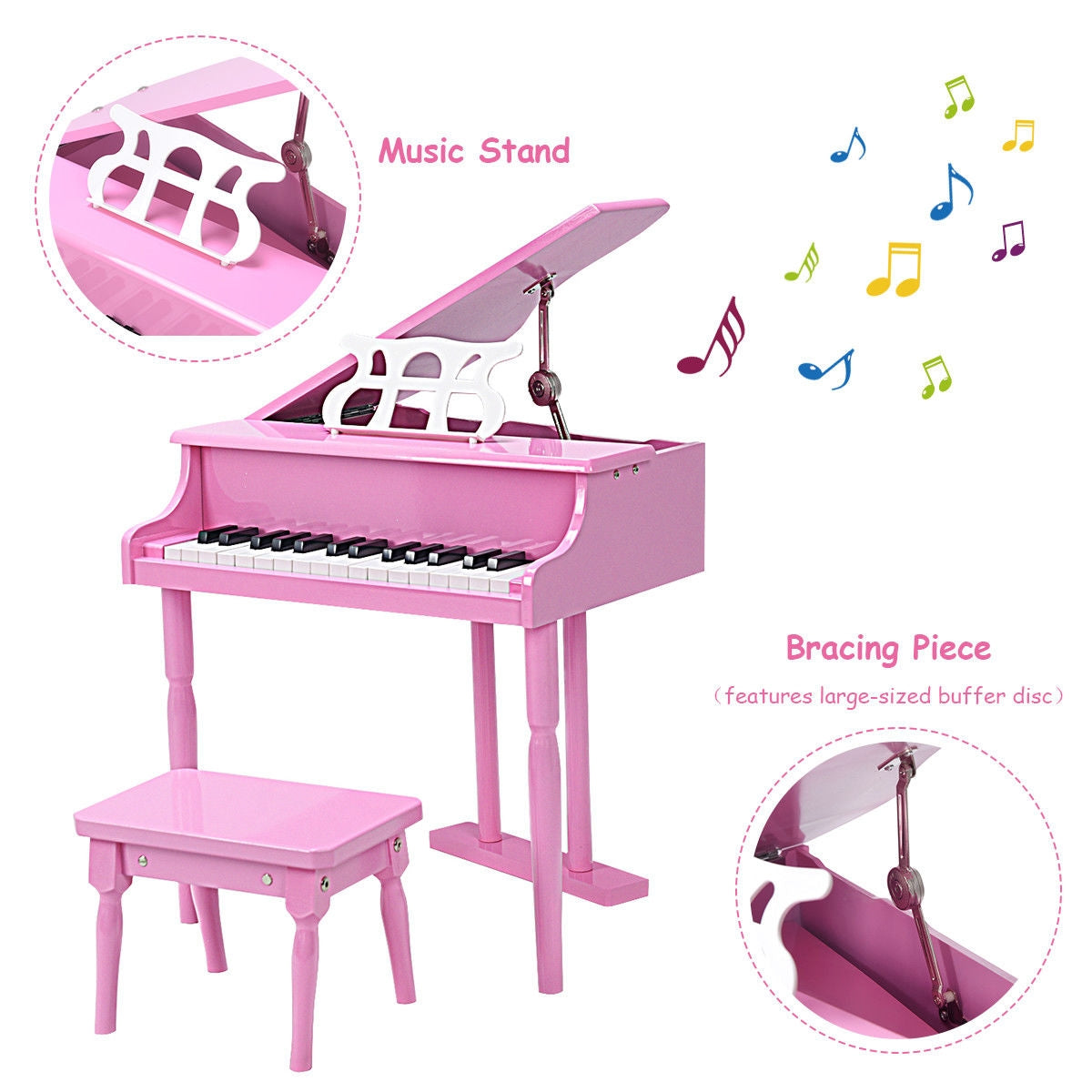 Musical Instrument Toy 30-Key Children Mini Grand Piano with Bench-Black