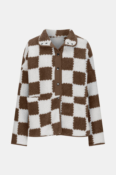 Elegant Checkered Snap Down Long Sleeve Teddy Jacket Soft & Warm Colorful Jacket