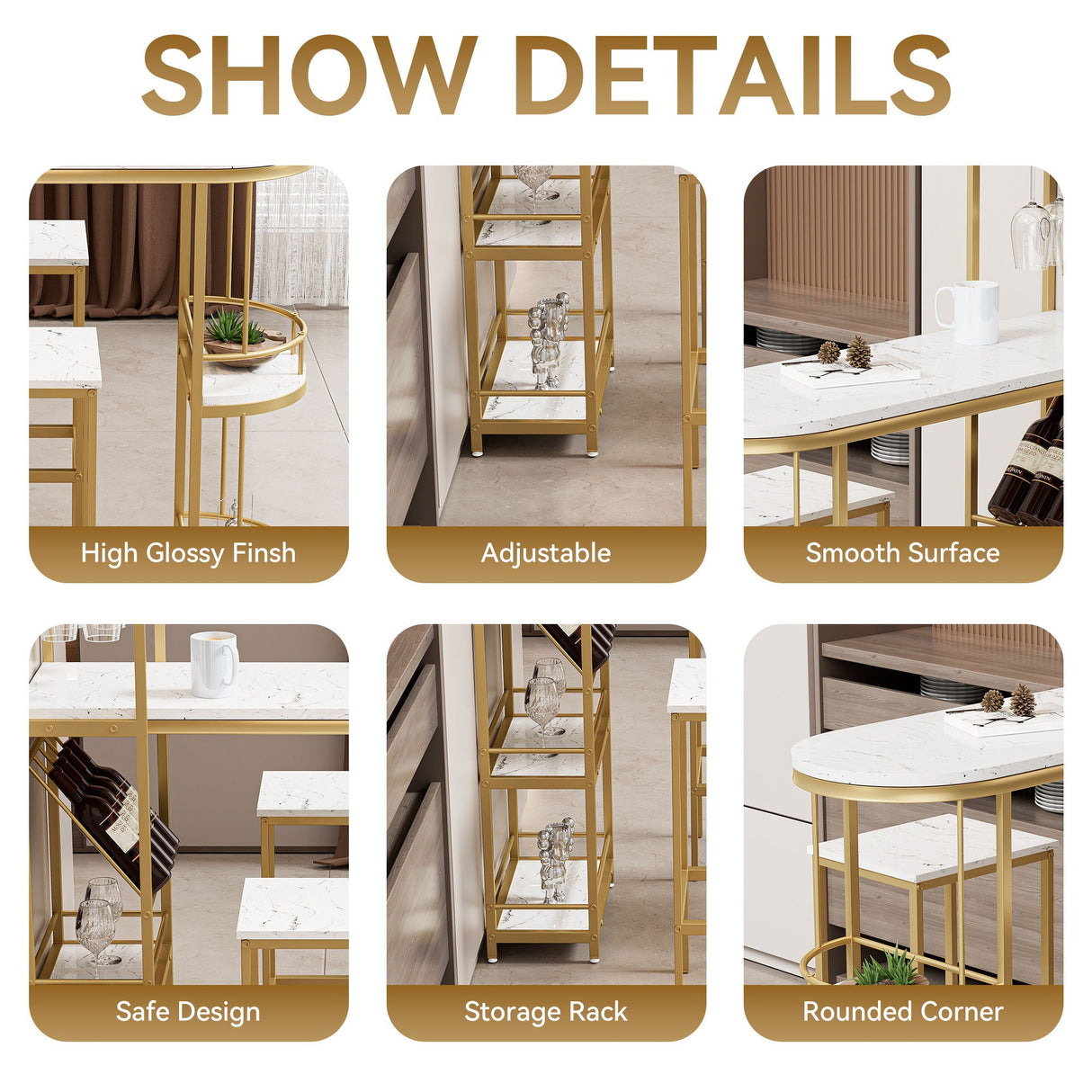 3 Piece Bar Table And Chairs Set, Modern Kitchen Bar Height Dining Table Wood Breakfast Pub Table With Base With Shelves, Glass Rack, Wine Bottle Rack, With 2 Bar Stools - White / Gold by Couch.com