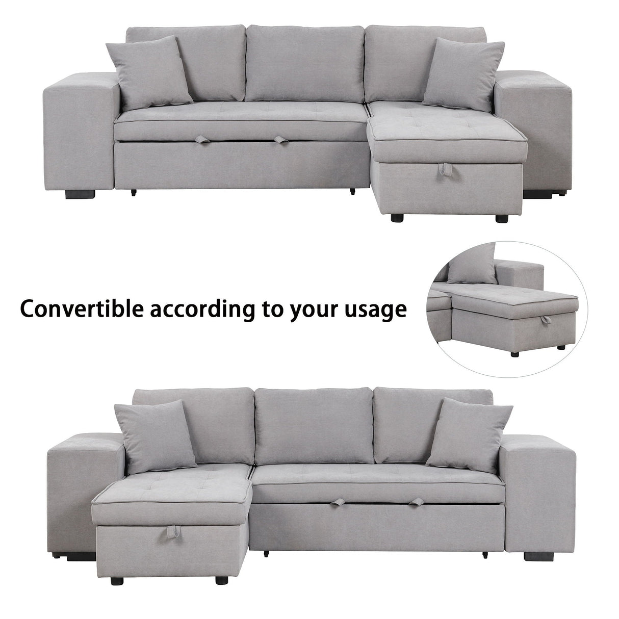 Pull Out Sleeper Sofa Reversible L-Shape 3 Seat Sectional Couch With Storage Chaise And 2 Stools For Living Room Furniture Set - Gray by Couch.com