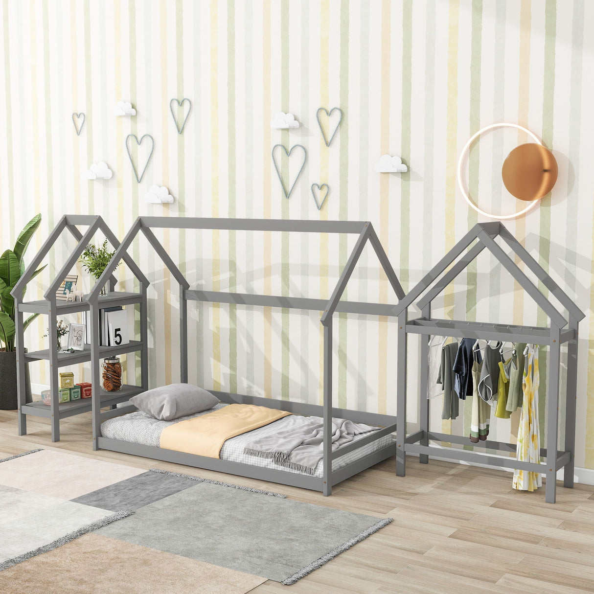 Wood House Bed With Storage Shelf And Hanger, Kids Bedroom Set by Couch.com