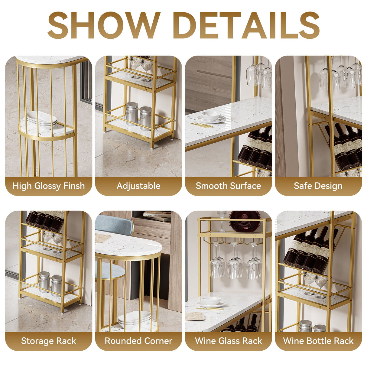 Modern White Kitchen Bar Height Dining Table Wood Breakfast Pub Table With Base With Shelves, Glass Rack, Wine Bottle Rack - White / Gold by Couch.com