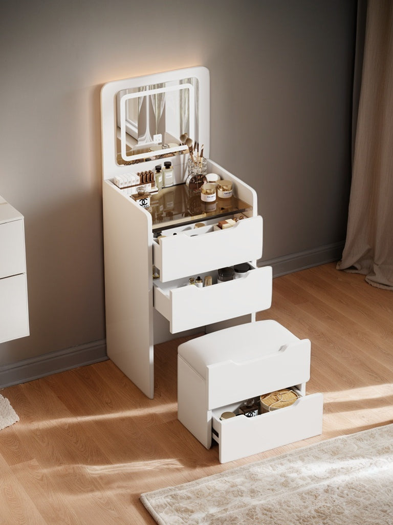 ( 48CM ) 3 in 1 Vanity Desk with Plip Top Mirror, Small Make Up Vanity Set with Visible Glass Desktop, Compact Makeup Vanity with 3 Drawers, Dressing Table for Bedroom ( WHITE COLOR )