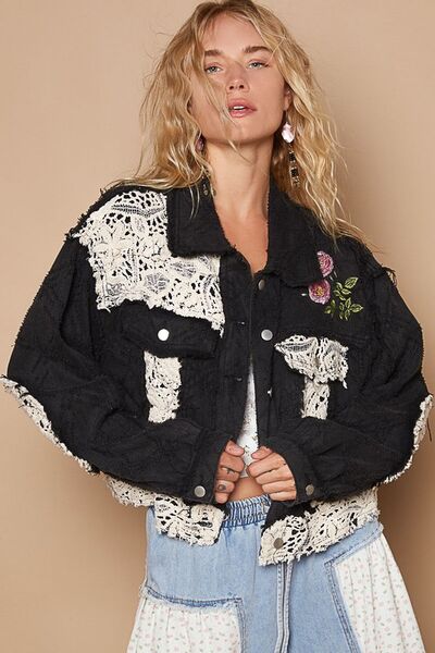 Fashionable Black Button-Up Jacket With Crochet Patches and Embroidery Unique Design Jacket
