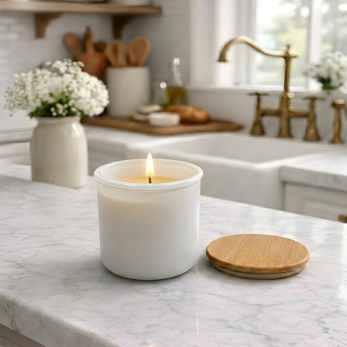 Beeswax Candle Poured in USA in 10 oz White Colored Recycled Spanish Glass Jar with Bamboo Lid