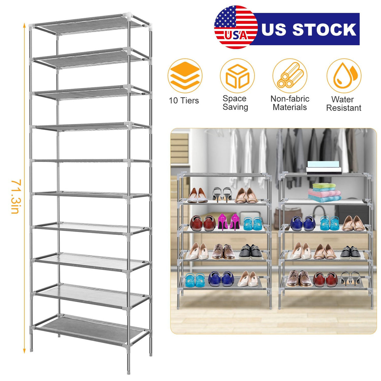 10 Tiers Shoes Rack Shelves 27 Pairs Shoes Storage Organizer Stand Non-Woven Fabric Detachable Shoes Tower Stackable Shoes Storage Rack for Entryway by DirectDeals