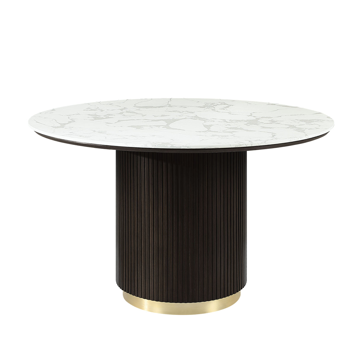 The Clayten Around Dining Table features a white marble top and a cylindrical ribbed espresso base with a golden accent, offering a modern and elegant design.