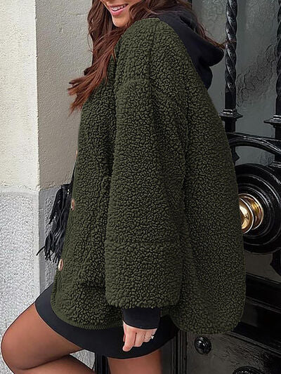 Modern Cozy Women Luxuriously Cozy Contrast Button Up Sherpa Jacket with Pockets For Fall & Winter