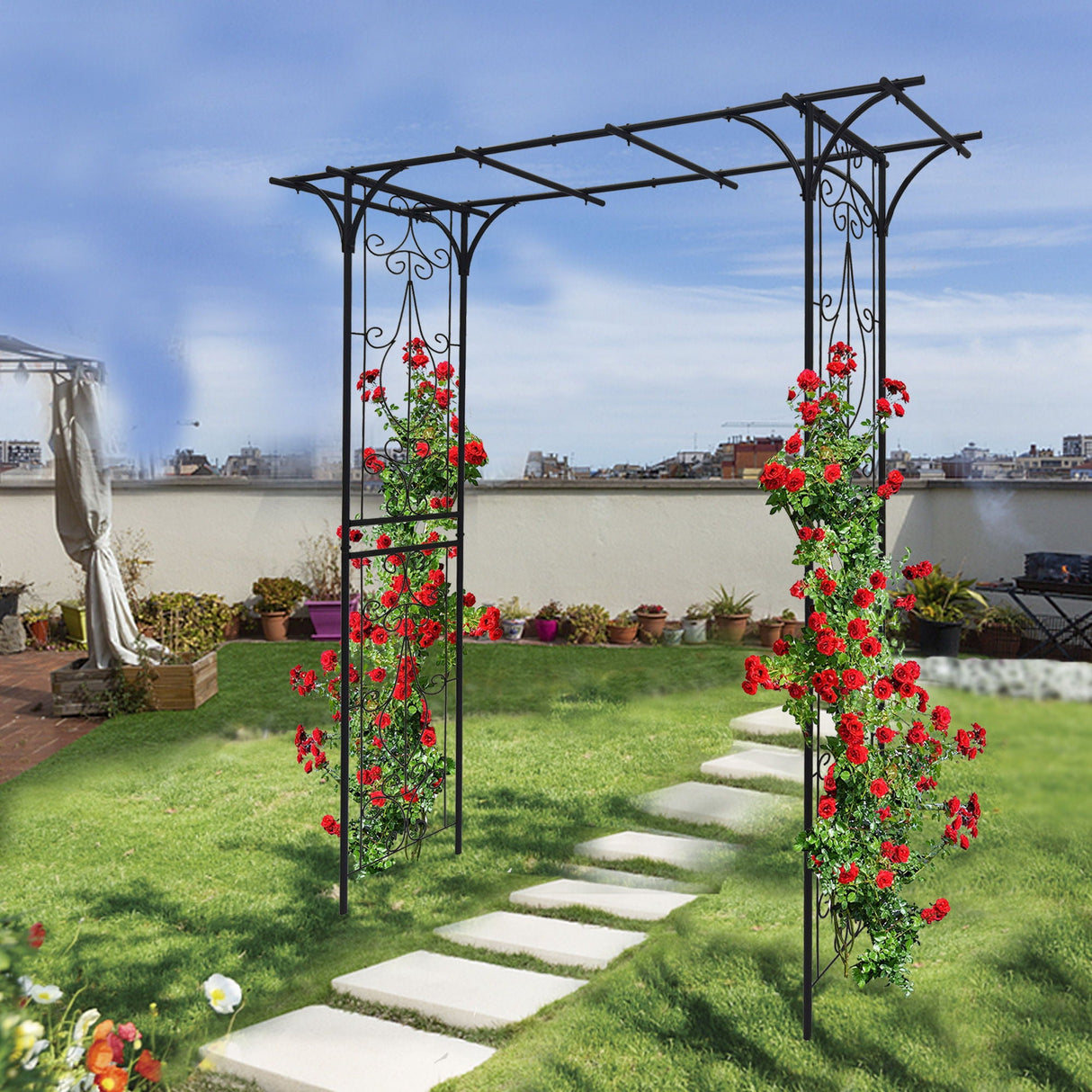 Metal Garden Arch Climbing Plants Support Rose Arch Outdoor - Black by Couch.com