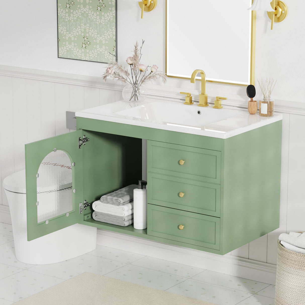 Elegant Floating Bathroom Vanity Sink And Cabinet Combo 1 Door And 2 Drawers - Green by Couch.com