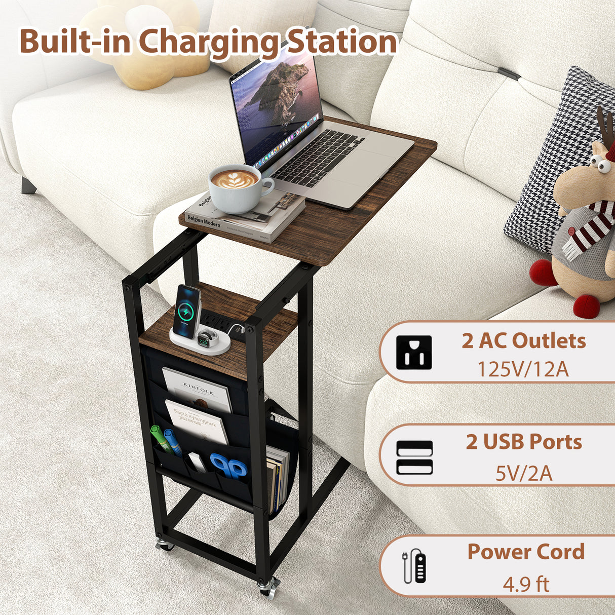 C-shaped End Table with Charging Station and Retractable Tabletop-Coffee