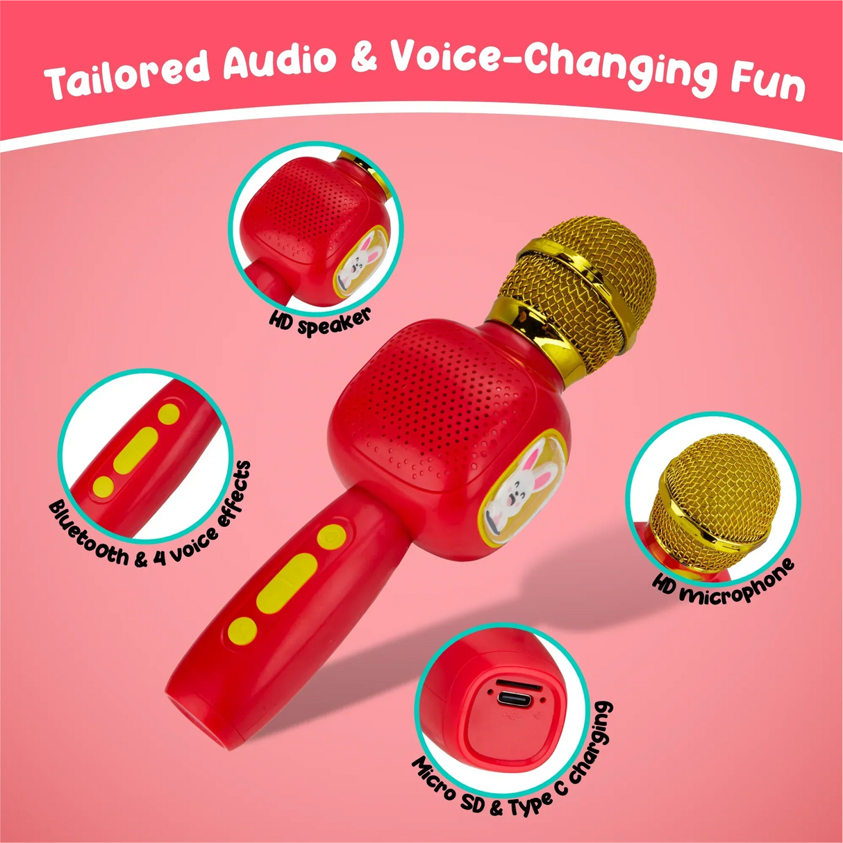 Contixo Karaoke Microphone for Kids - Wireless, Portable, Ages 3-12, Red