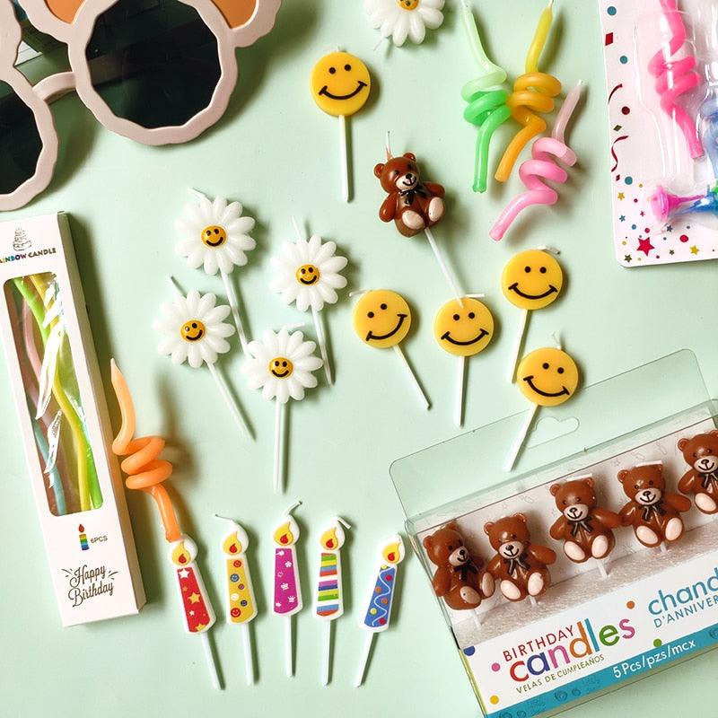 Cake Topper Bear Candles Cartoon Smiley Face Birthday Insert Creative Party Cake Handmade Smiley Daisy Flower Cake Toppers For Birthday Party