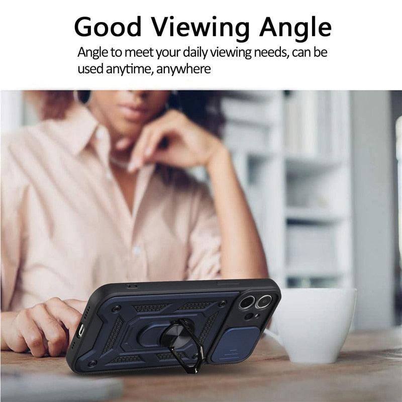 Camera Protection Shockproof Armor Case For iPhone 12 13 14 Pro Max Cover Men Cool Woman Camera Cover And Stand Sliding Lens Protection Rotating Ring Mount Shock Resistant Shockproof Protective Bumper