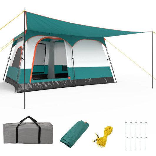 6-8 Person Camping Tent with Double Rooms and 2 Doors-Green