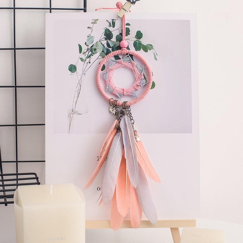 Car Interior Rear-view Mirror Hanging Decor Small Dream Catcher Boho Nature Feather Home Decor Handmade Grids Nature Feather Car Charms Pendant Accessories Gift
