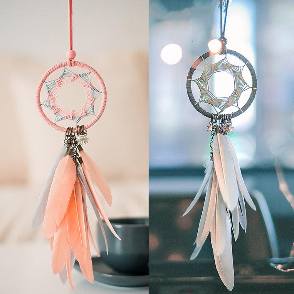 Car Interior Rear-view Mirror Hanging Decor Small Dream Catcher Boho Nature Feather Home Decor Handmade Grids Nature Feather Car Charms Pendant Accessories Gift