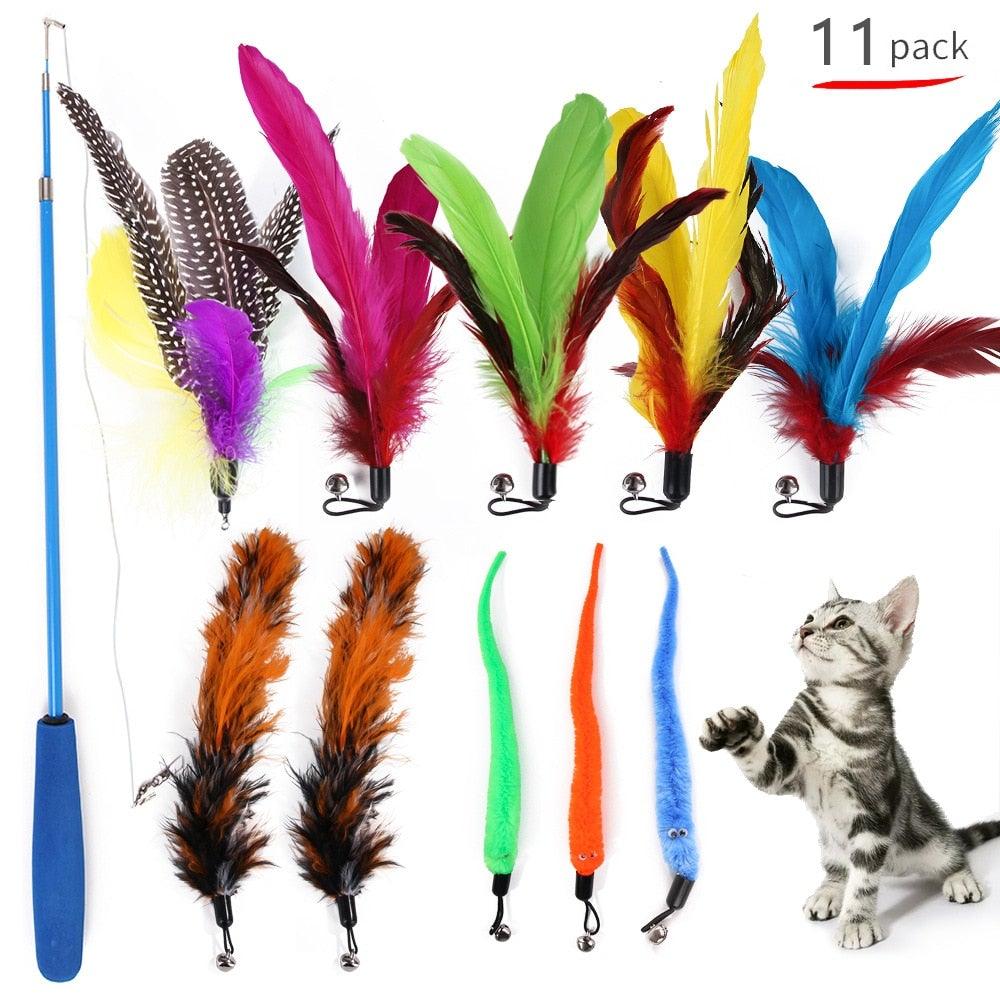 Cat Feather Toy Set Cat Feather Teaser Wand Toy for Kitten Cat Having Fun Exercise Playing Without the Stick Interactive Cat Feather Toys Retractable Cat Wand Toy and Feathers Teaser Refills Cat Toys for Indoor