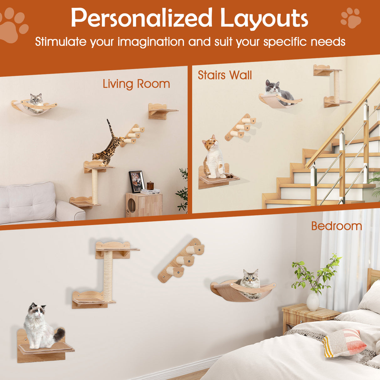 Cat Wall Furniture Set of 4 with Hammock 2-step Cat Tree and Perch-Natural