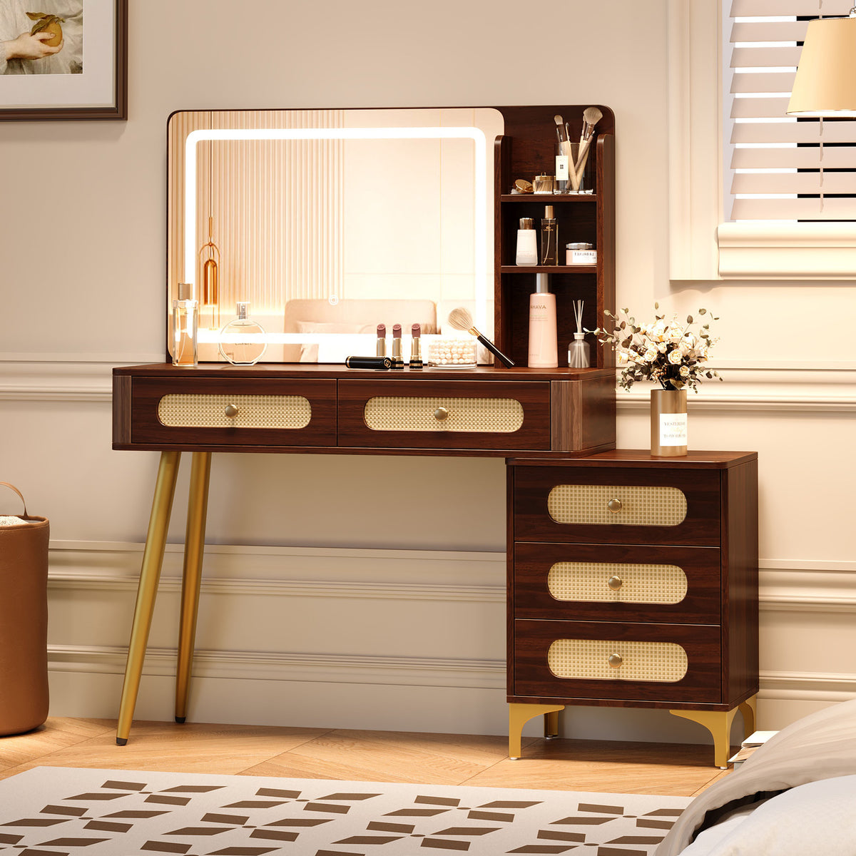 47''Vintage Makeup Vanity with Mirror and Lights, Makeup Vanity Desk with 5 Drawers and Storage Shelf, Rattan Drawer Design, 3 Color Modes and Adjustable Brightness Dressing Table,Brown