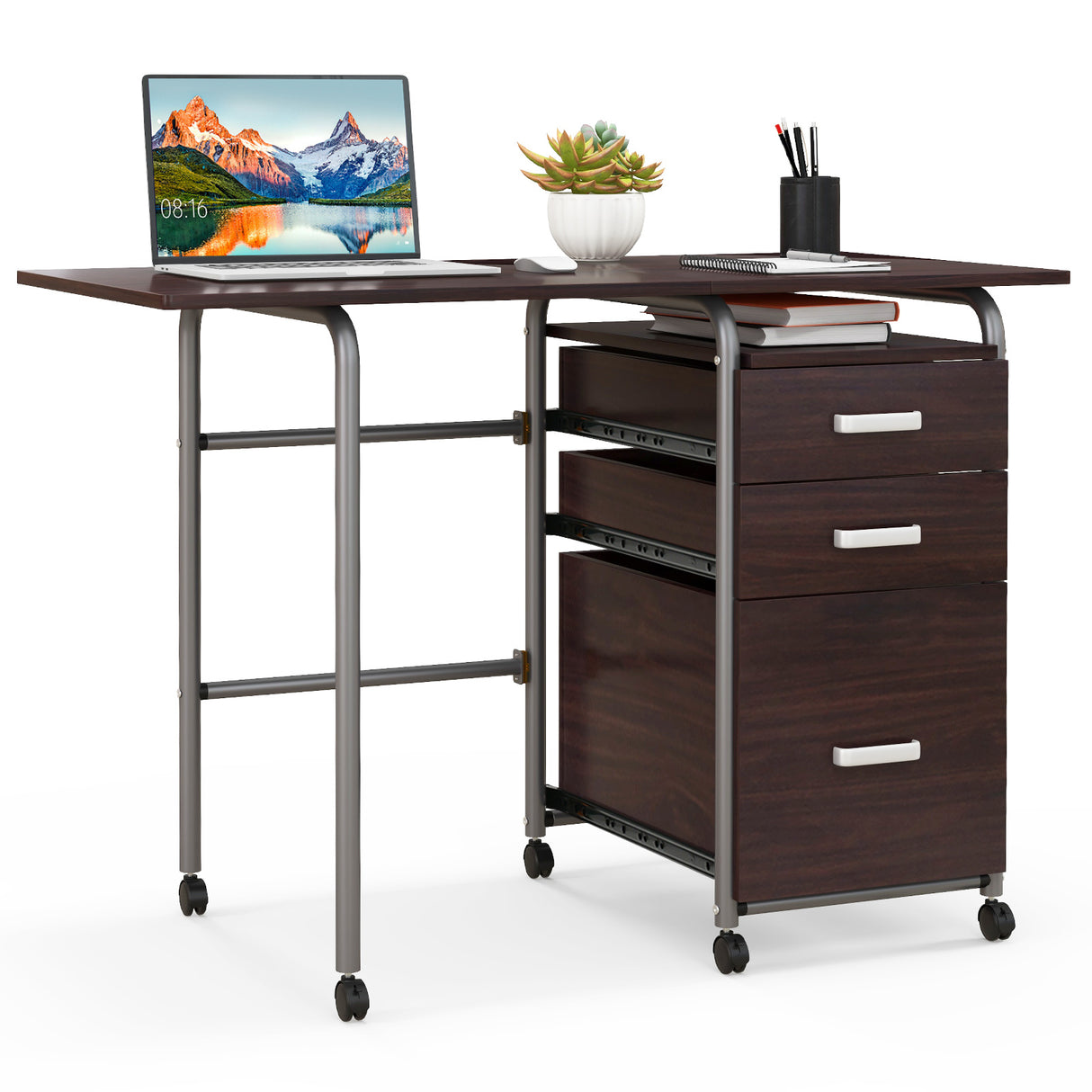 Folding Computer Laptop Desk Wheeled Home Office Furniture-Natural