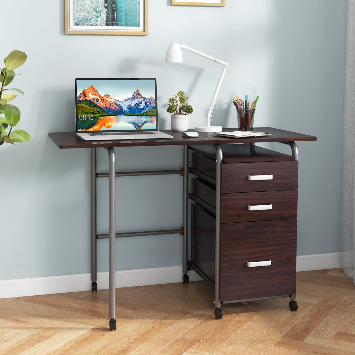Folding Computer Laptop Desk Wheeled Home Office Furniture-Natural
