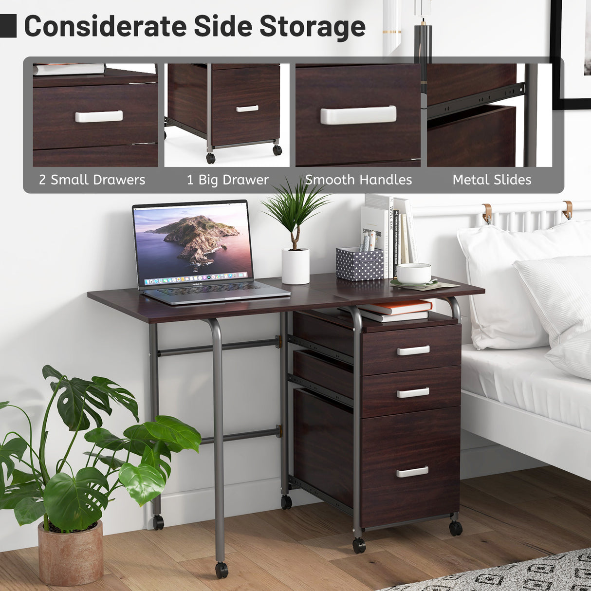 Folding Computer Laptop Desk Wheeled Home Office Furniture-Natural