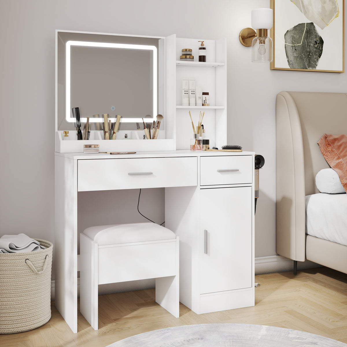 Lavin Makeup Vanity 2-PC Set, Vanity Desk with Stool, LED Light Mirror and Charging Station, White
