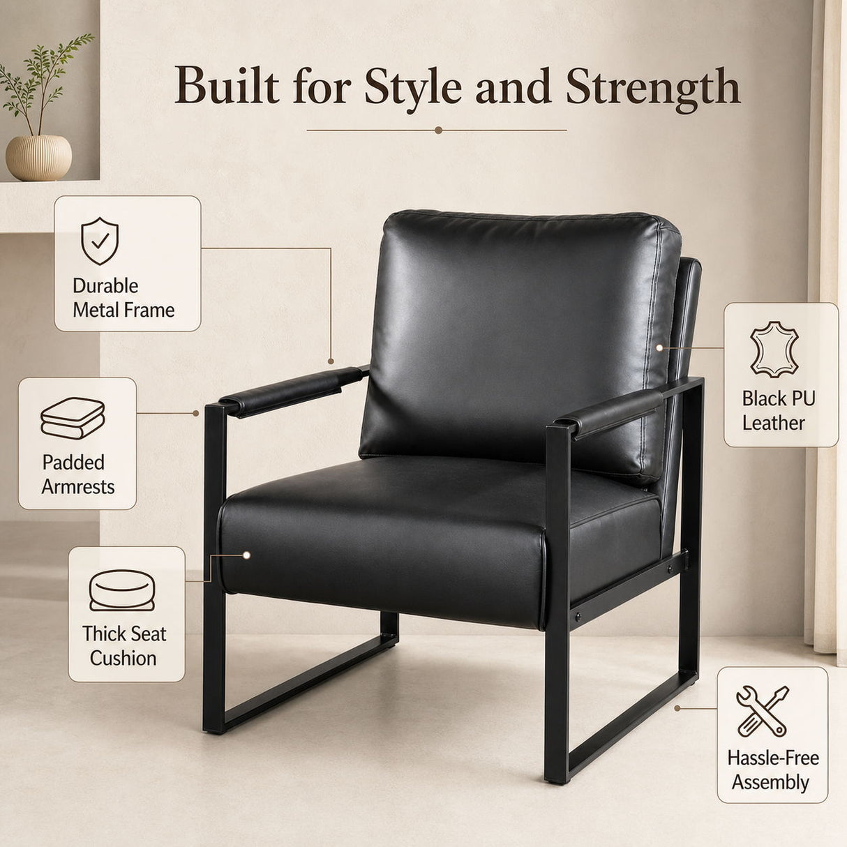 Classic Mid Century Modern Accent Chair With Durable Square Metal Frame, Armchair