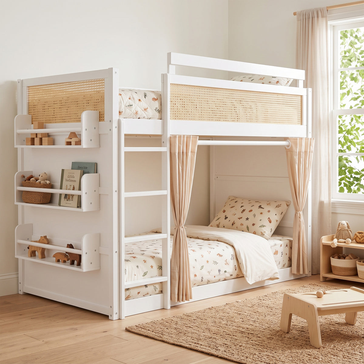 Twin Size Bunk Bed with 3-Tier Storage Shelf, Rattan Decor, Privacy Curtains & Lights, Modern Wood Bunk Bed Frame-White