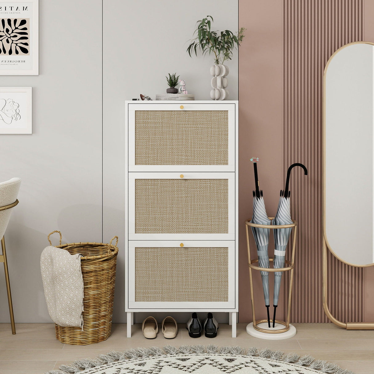 Modern Rattan 3 Door Shoe Rack Cabinet For Entryway by Couch.com