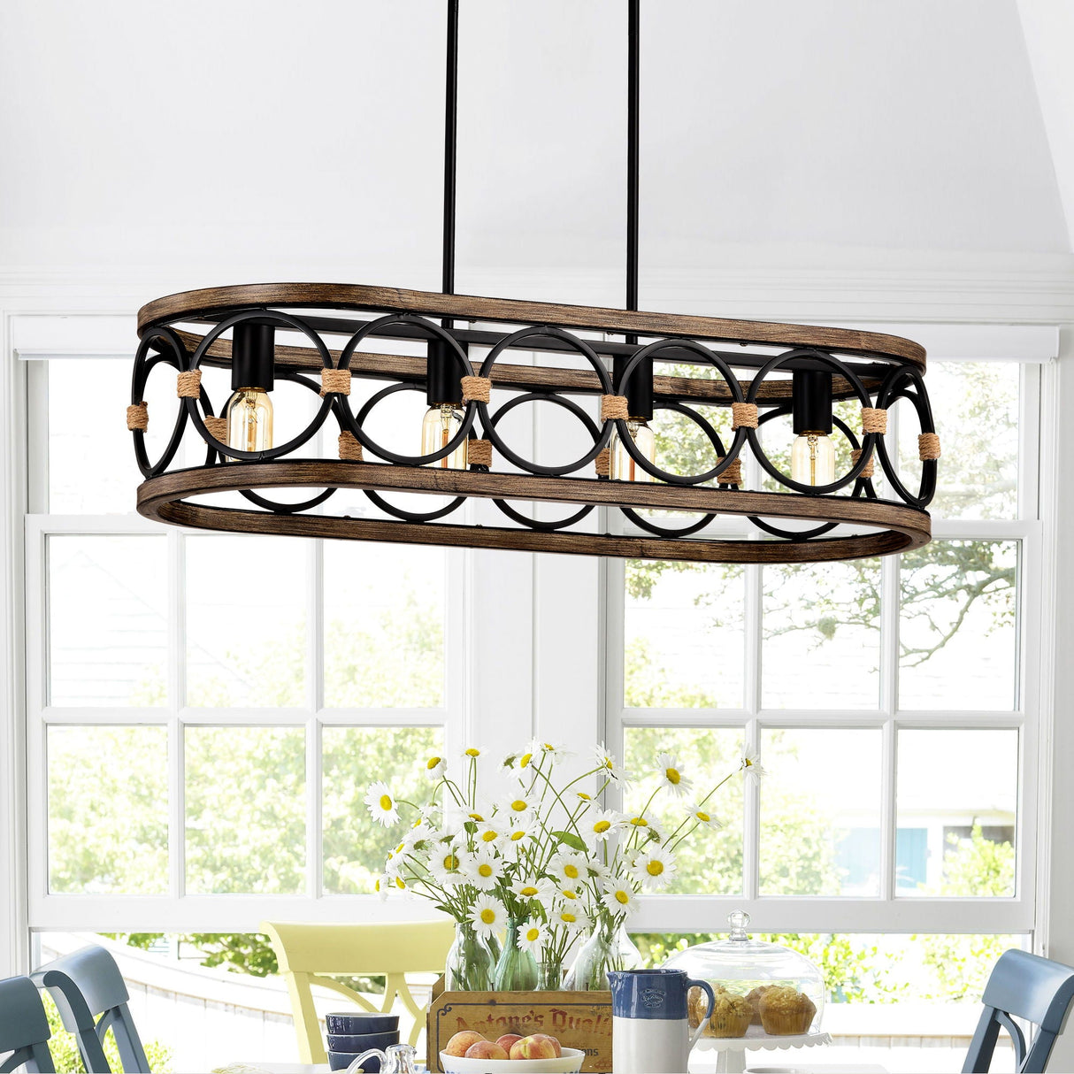 4 Light Rectangular Ellipse Pendant Lights Kitchen Island, Metal Farmhouse Kitchen Pendant Lights, Adjustable Height, Modern Industrial Chandelier For Living Room, Dining Room - Matte Black / Natural by Couch.com