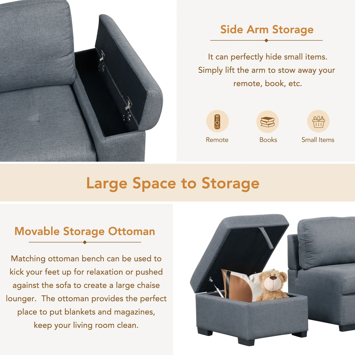 Sleeper Sectional Sofa, L-Shape Corner Couch Sofa Bed With Storage Ottoman & Hidden Arm Storage & USB Charge For Living Room Apartment by Couch.com