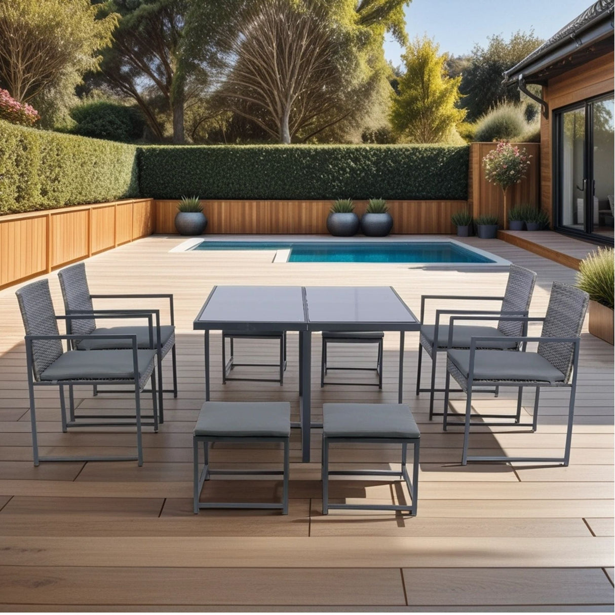 9 Pieces Patio Dining Sets Outdoor Space Saving Rattan Chairs With Glass Table Top Wicker And Cushion - Dark Gray by Couch.com