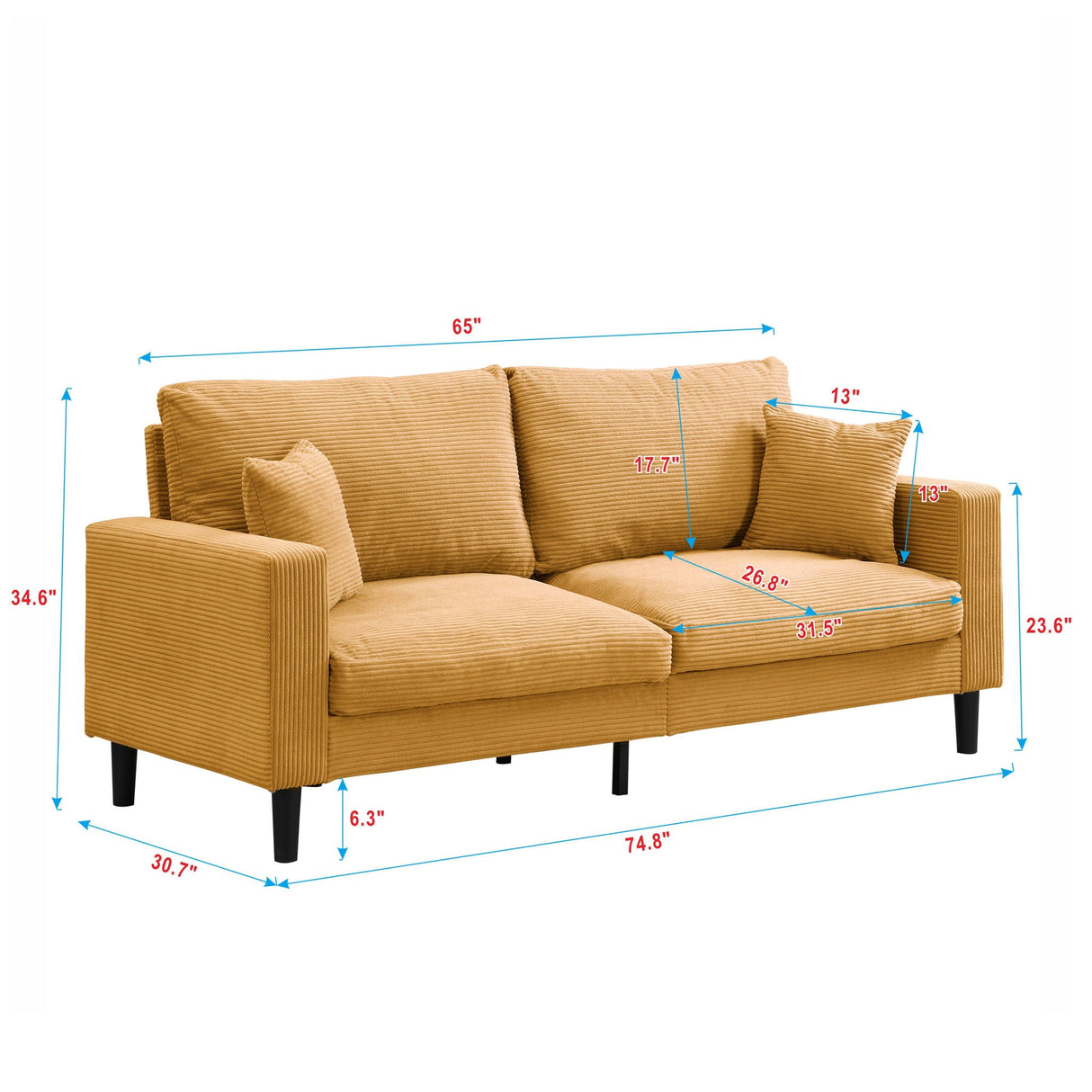 Modern Upholstered 3 Seat Sofa, High Resilience by Couch.com