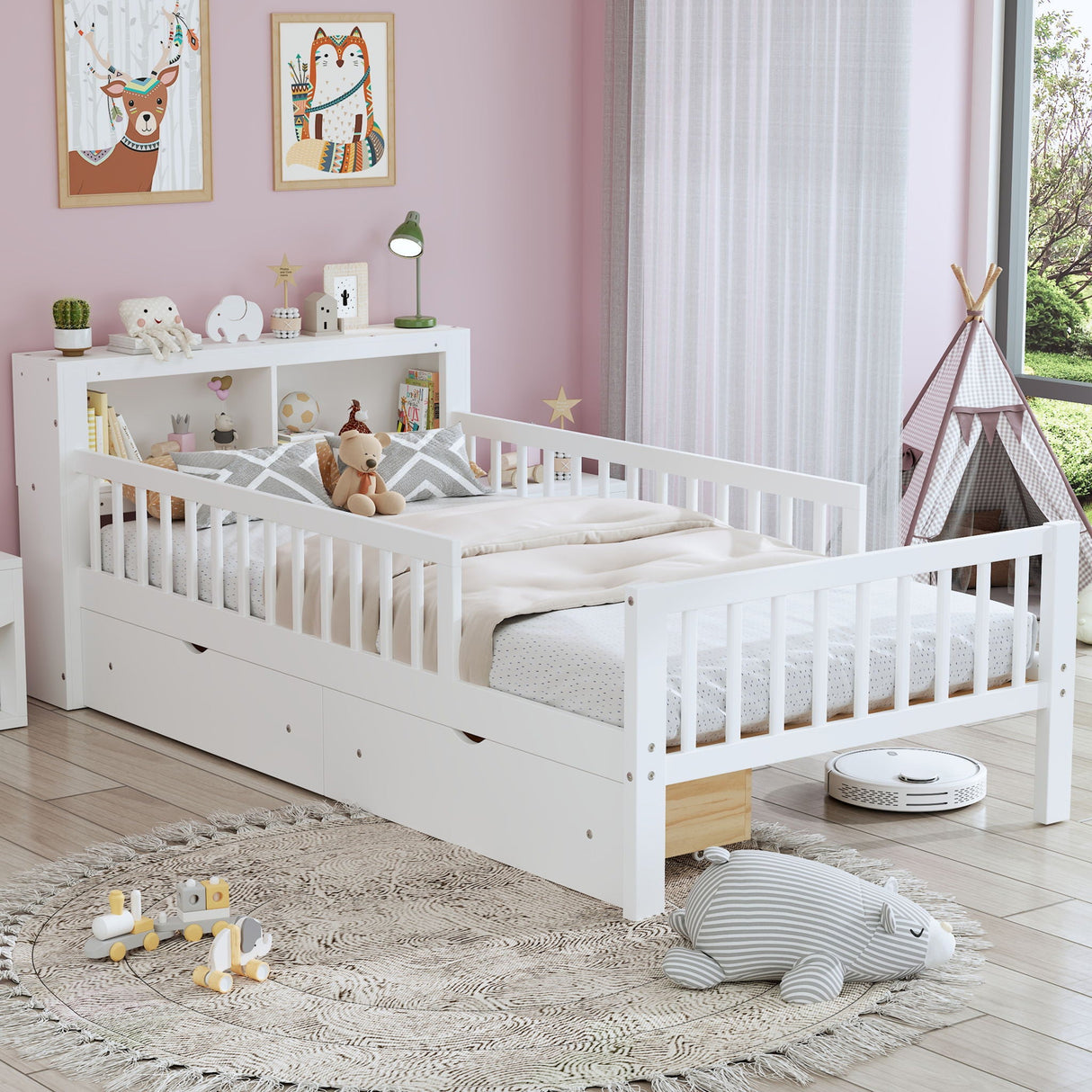 Bed With Headboard Storage Rack, 2 Under Bed Drawers, 3 Side Guardrails For Safety