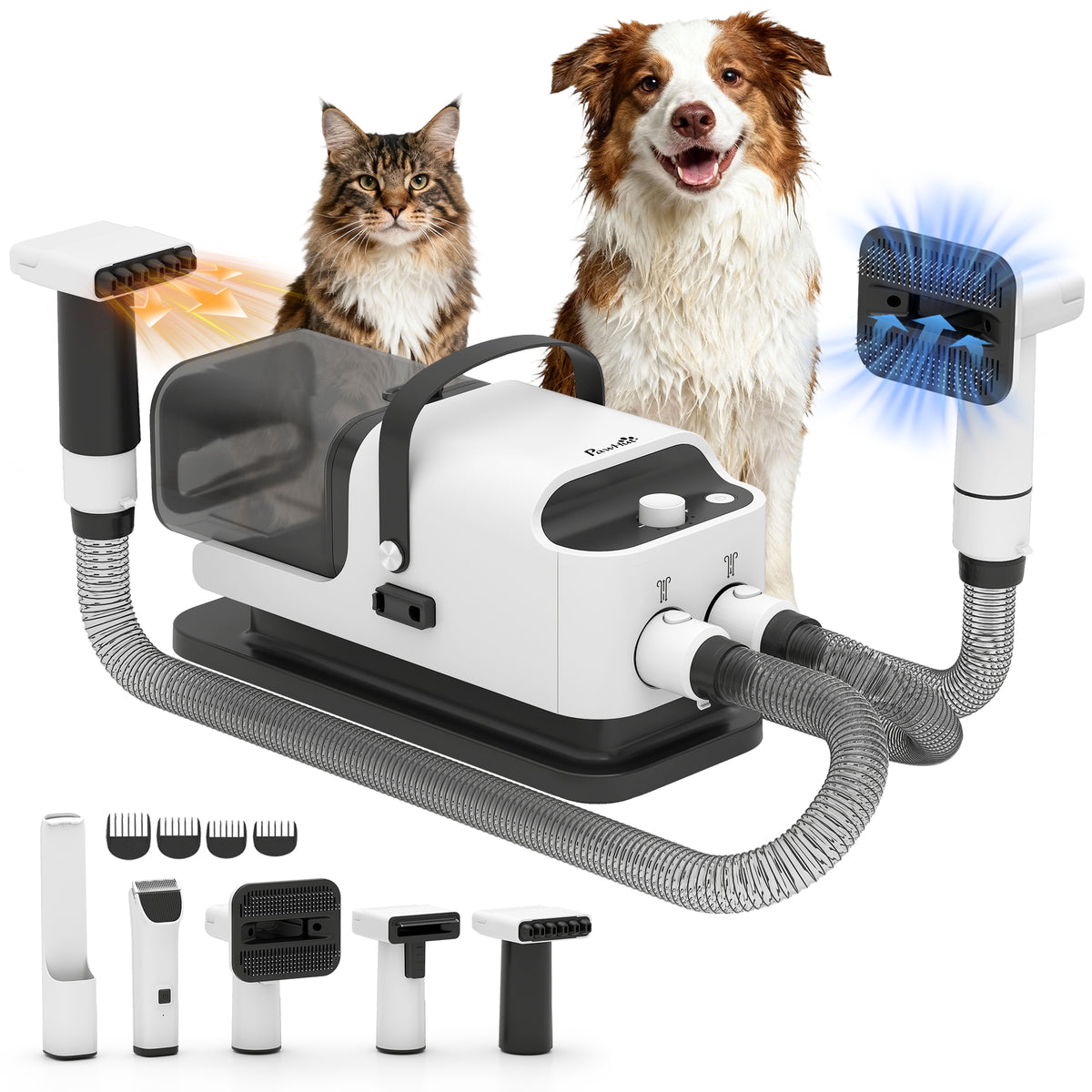 PawHut Dog Grooming Vacuum & Dryer, 5 in 1 Pet Grooming Kit with Electric Clipper, 50dB Low Noise, Strong 12Kpa Dog Vacuum for Shedding Pet Hair, Adjustable Speed & Temp, 1.8L Canister