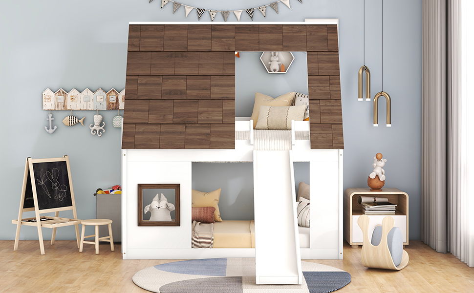 Wood Twin Size House Bunk Bed With Roof, Ladder And Slide - White / Brown by Couch.com