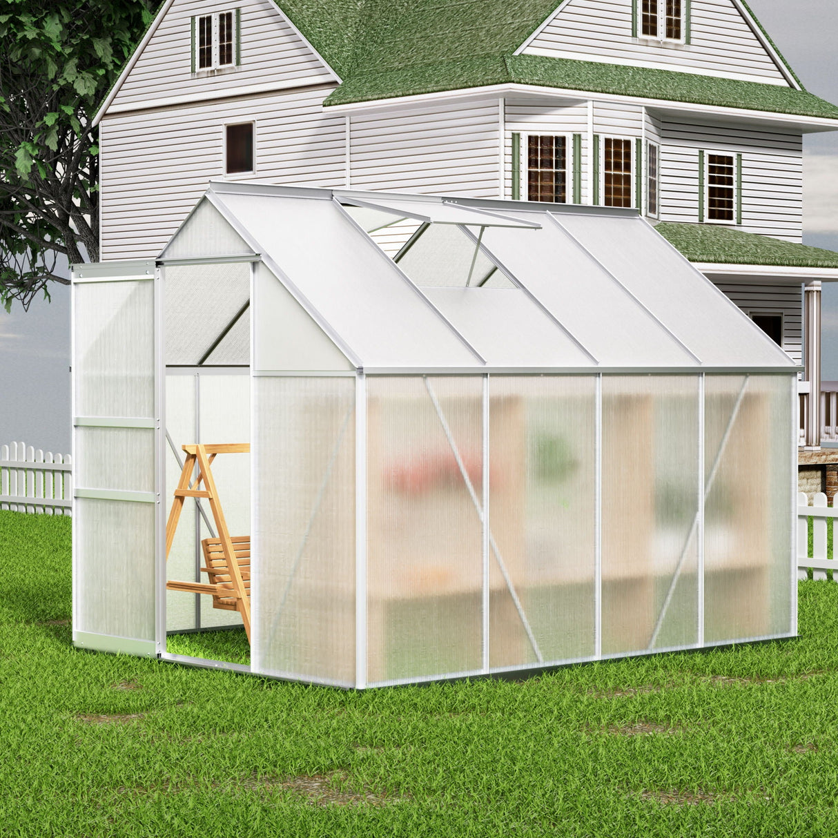 Walk-In Polycarbonate Greenhouse & Roof Vent, Sliding Doors, Aluminum Hobby Hot House For Outdoor by Couch.com