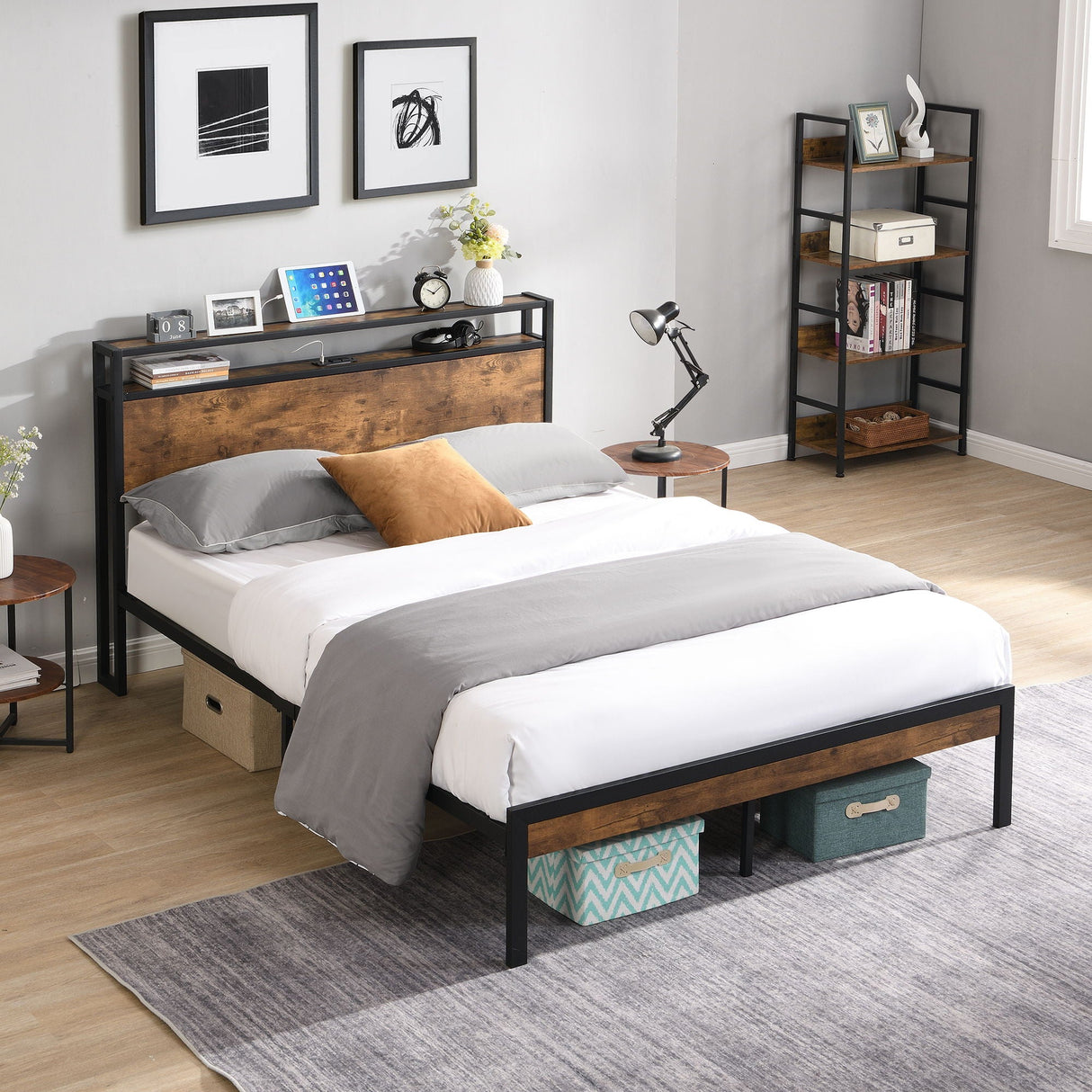 Full Size Metal Platform Bed Frame With Wooden Headboard And Footboard With USB Liner, No Box Spring Needed, Large Under Bed Storage - Brown by Couch.com
