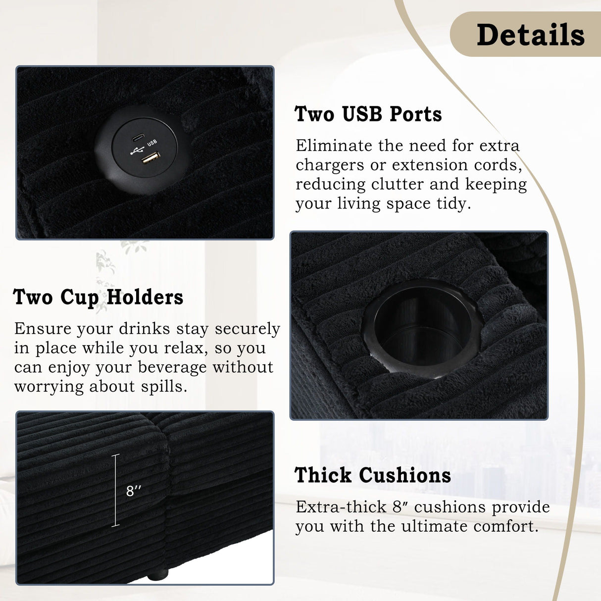 Oversized Loveseat Chaise With 2 USB Ports, 2 Cup Holders And 2 Throw Pillows by Couch.com