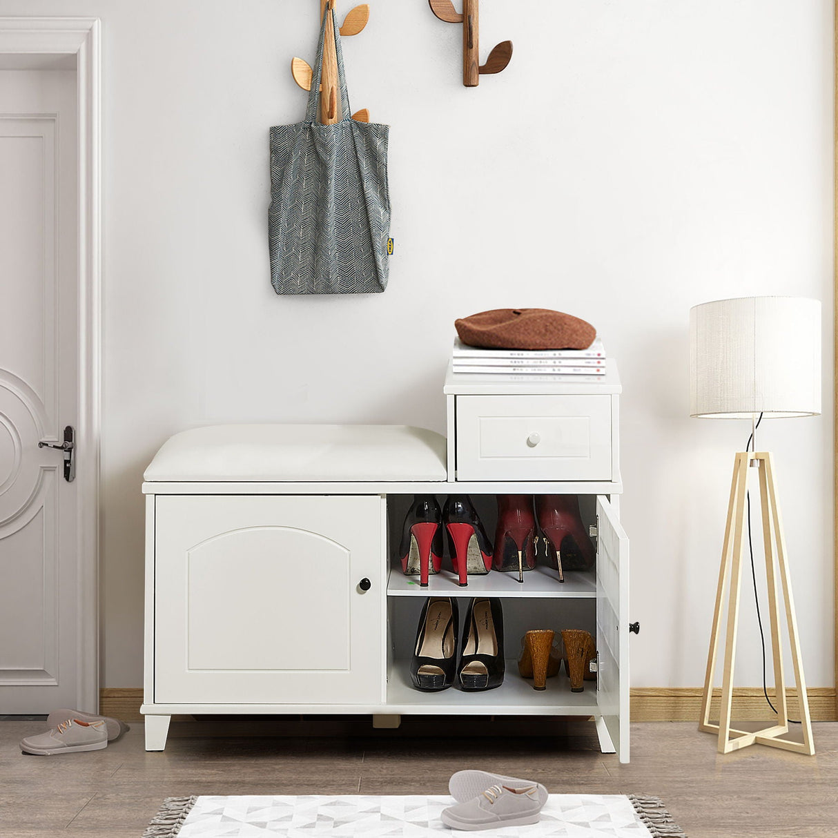 Shoe Storage Bench Cabinet With Fireproof Cushion, Double Doors And Movable Drawer For Door Entrance - White by Couch.com