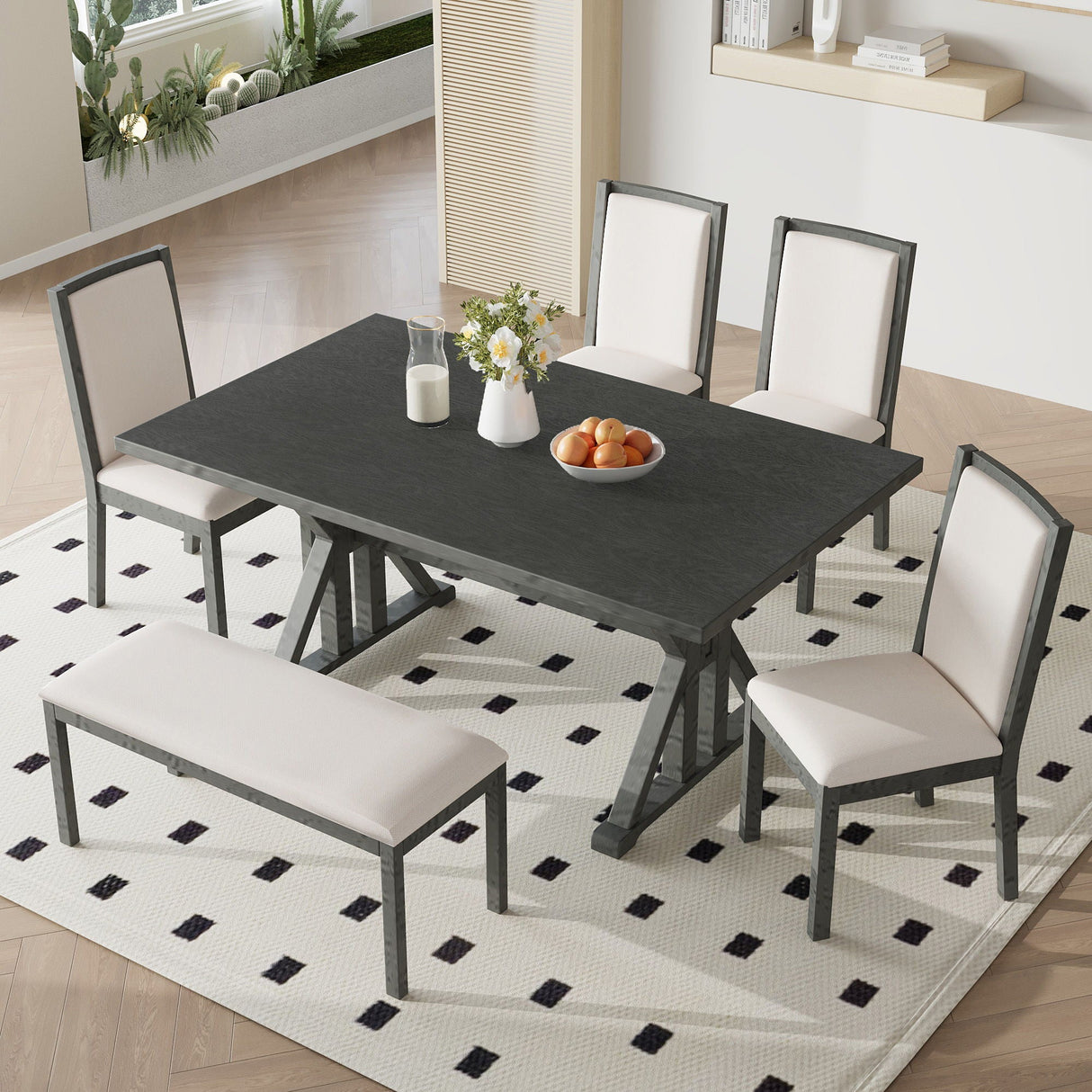 Topmax - 6 Piece Farmhouse Classical Dining Table Set With Trestle Legs, Kitchen Table Set For 6 With 4 Upholstered Dining Chairs And Bench by Couch.com
