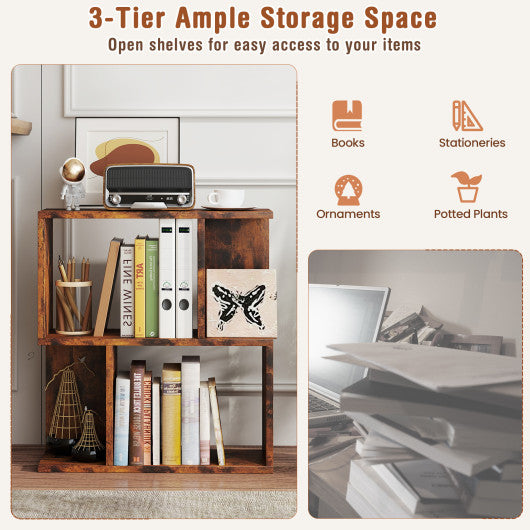 3-Tier Bookshelf with Display Shelf for Small Space-Rustic Brown