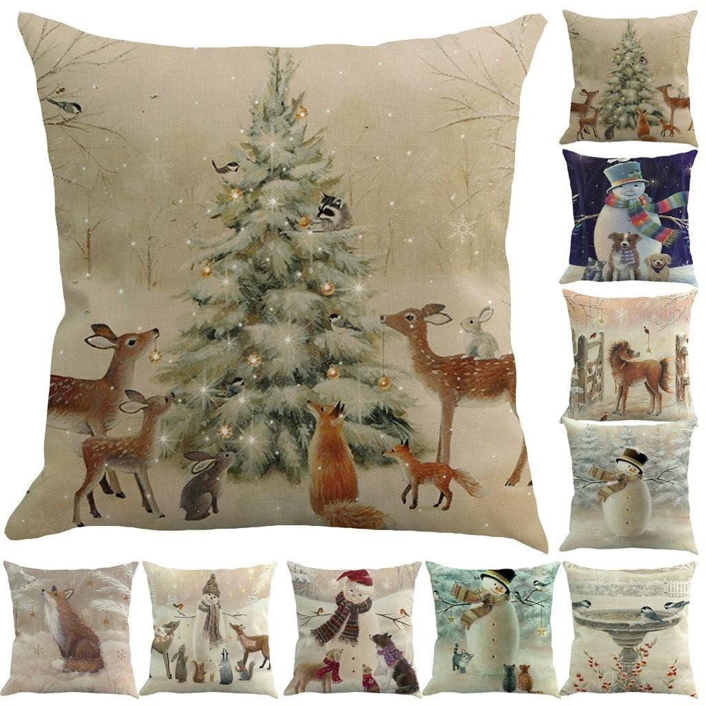 Christmas Printing Sofa Bed Home Decor Pillow Cover Pillow Case Holiday Decorative Christmas Throw Pillows Cotton Linen Winter Snowman Wolf Deer Pillow Covers Cases for Home