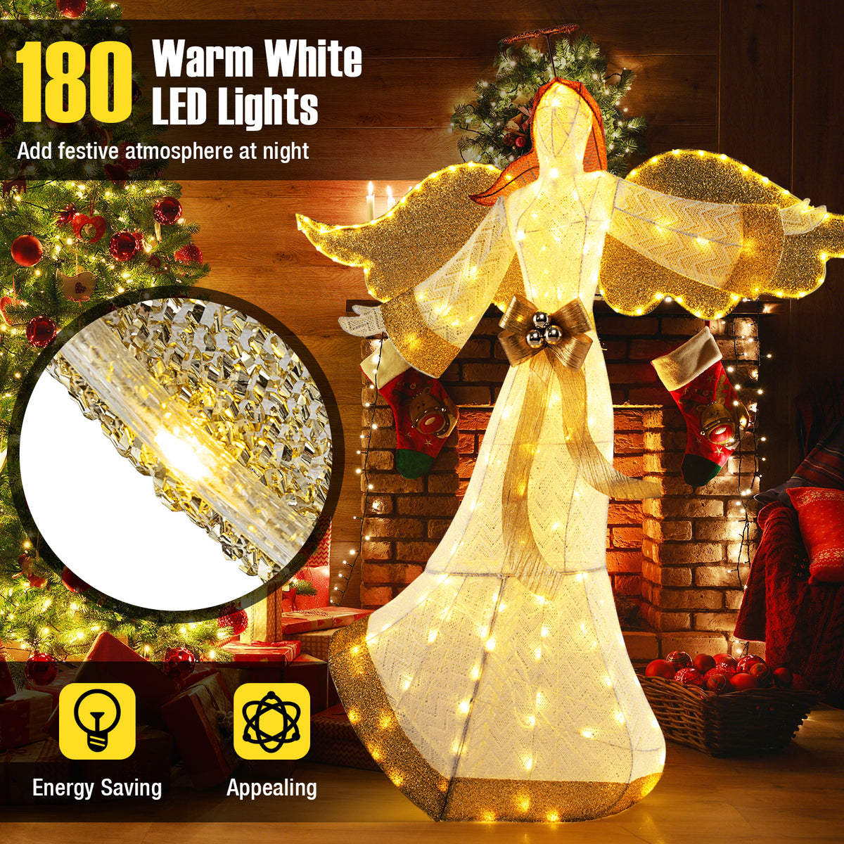5.2 Feet Christmas Pre-Lit Angel with Halo Wings and 180 Warm White LED Lights