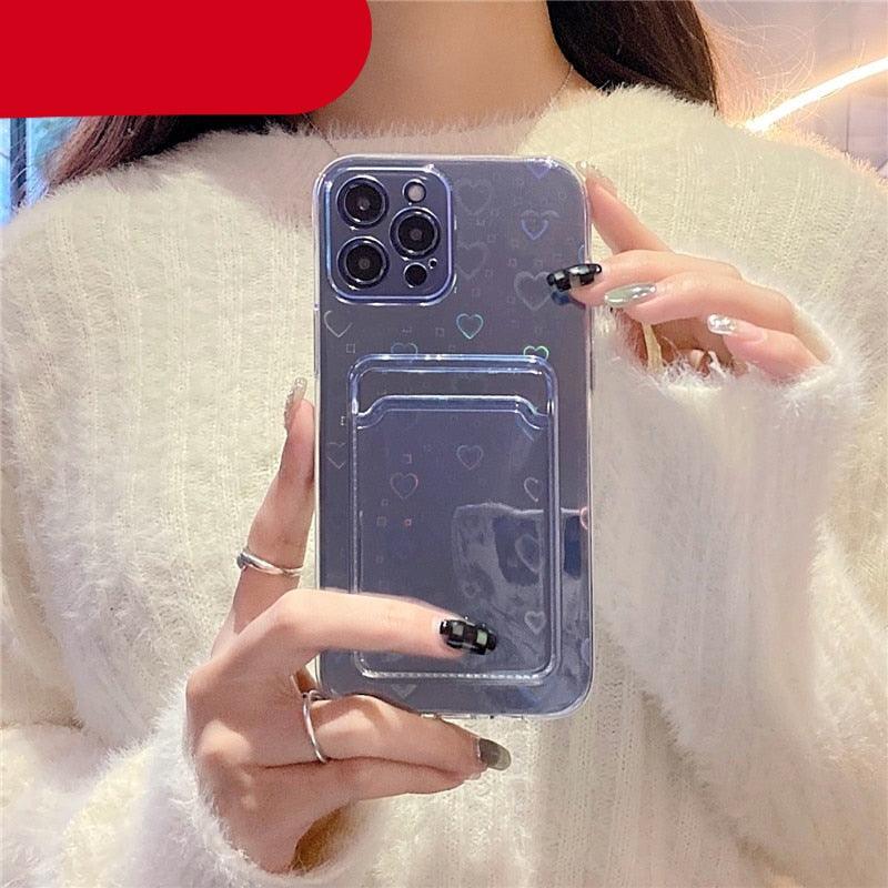 Clear Holographic Love Heart Pattern Cute Case with Card Holder Love Gradient Transparent Soft Case For iPhone 14 13 11 12 Pro Max Mini X XS XR 7 8 Plus Wallet Card Holder Cover